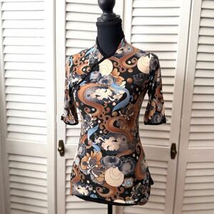 Vintage Y2K Asian Inspired Stretch Top with Mandarin Collar Size Medium Oriental